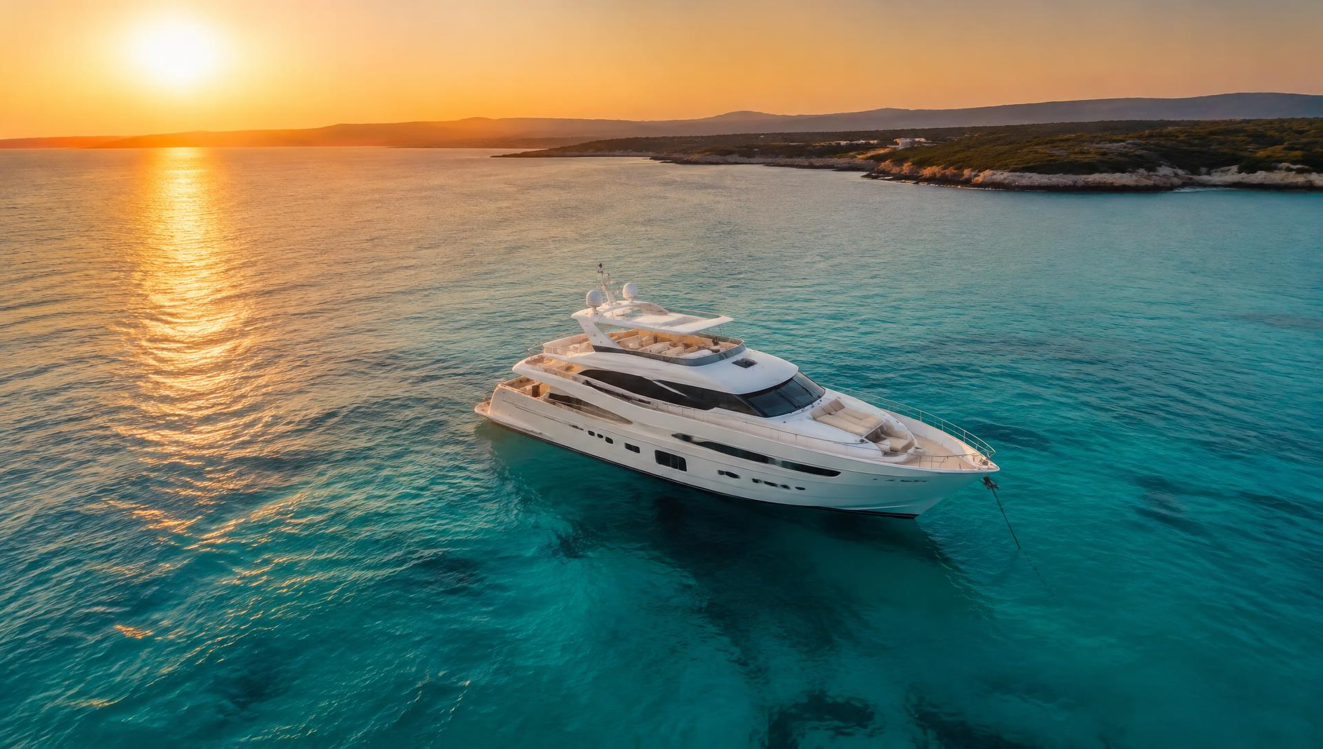 Motor yacht anchored in turquoise water at sunset